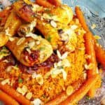 Couscous met harissa kip van de bbq, gekarameliseerde ui en worteltjes uit de oven