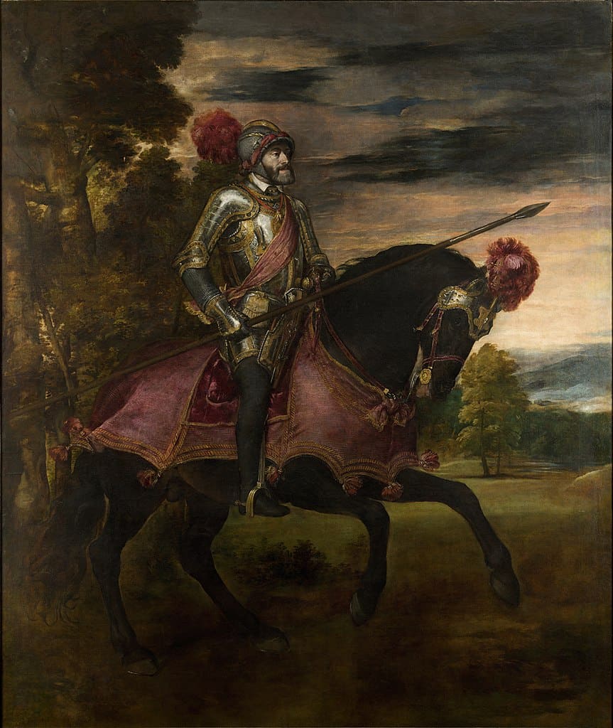 Portrait of Charles V on horseback, painted by Titian in Augsburg (1548) to celebrate the Battle of Mühlberg, located in the Museo del Prado of Madrid.
